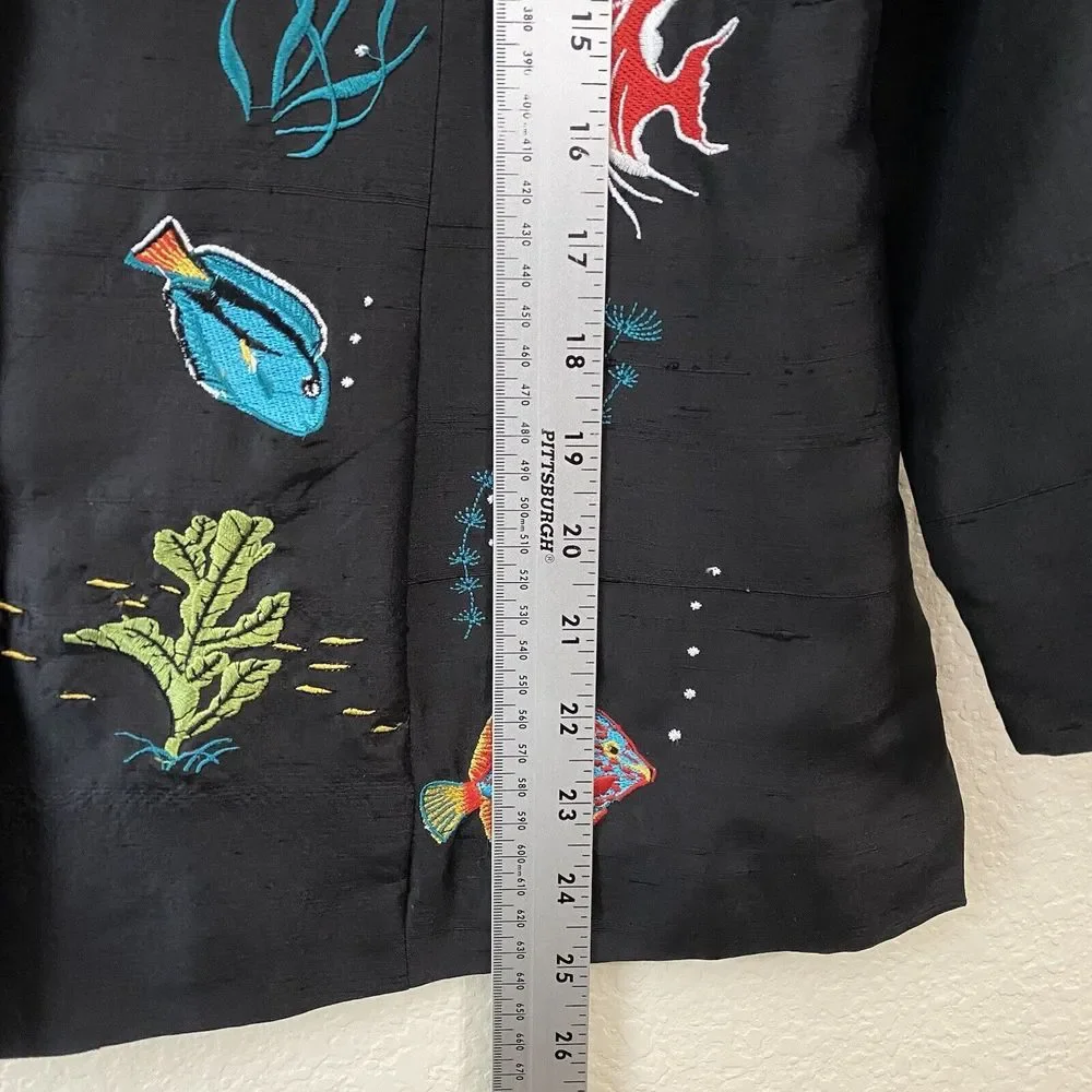 Silkland Blouse Top Womens Size 12 Silk Black Embroidered Fishes - Picture 6 of 7
